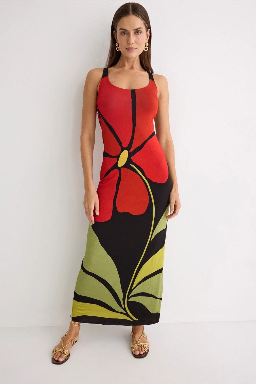 Cala de la Cruz Sz M Solange Black Red Floral Bodycon Cut Out Back Maxi Dress